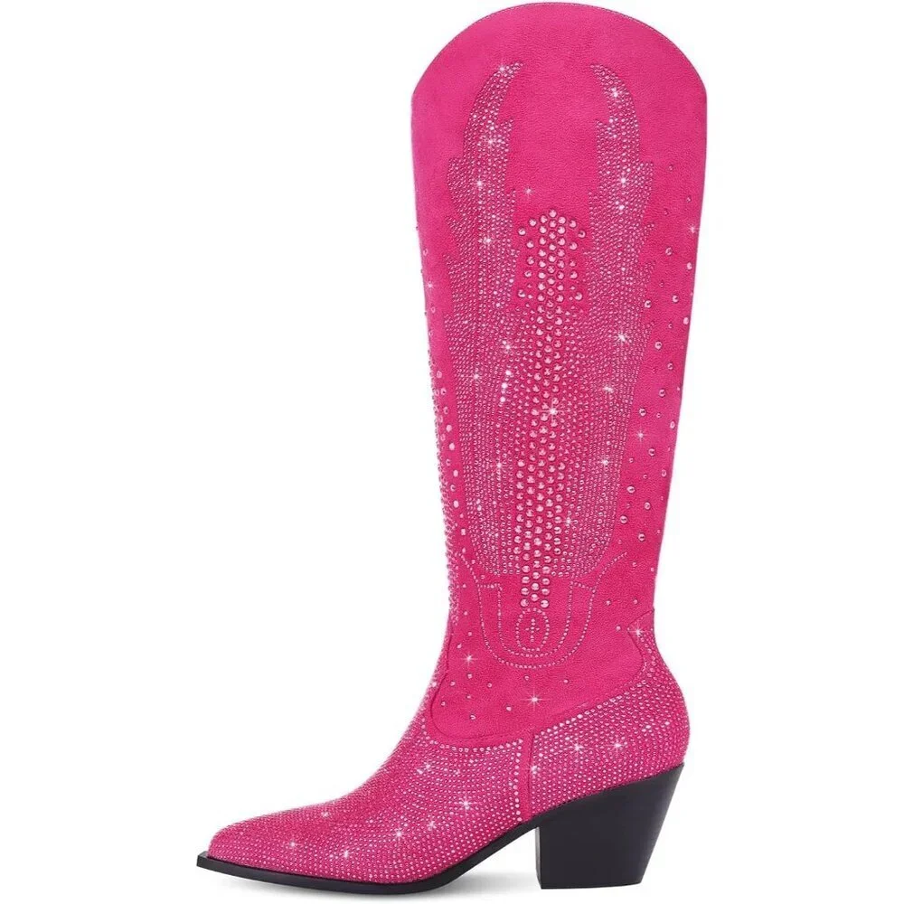 Women Polyurethane Hot Pink Knee High Pointed Toe Chunky Heel Rhinestone Boot